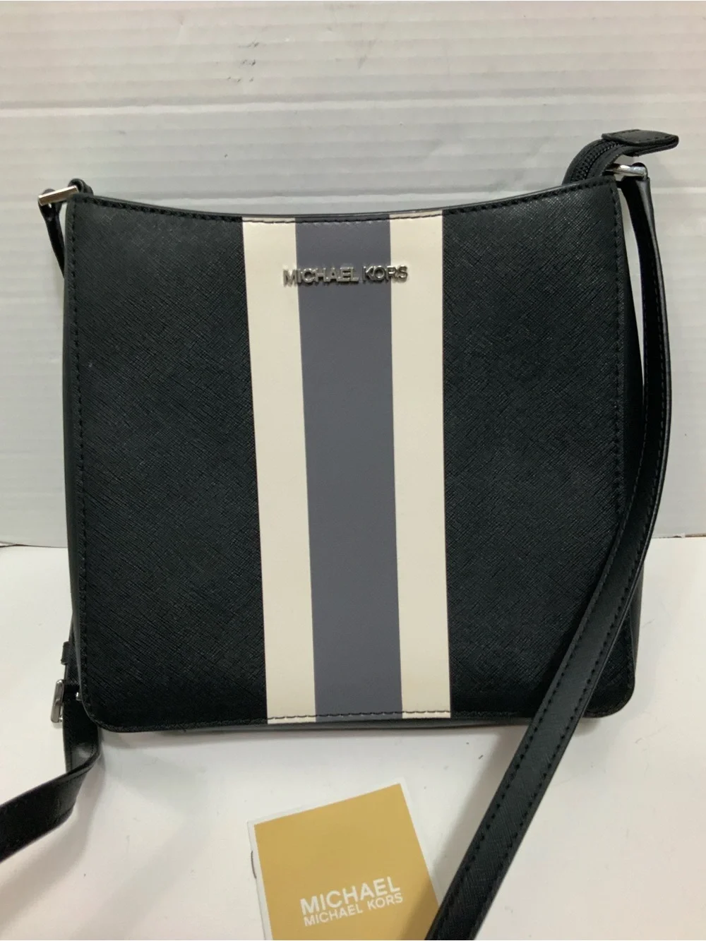 Michael Kors Women Black Saffiano Leather Center Stripe Crossbody Bag Purse